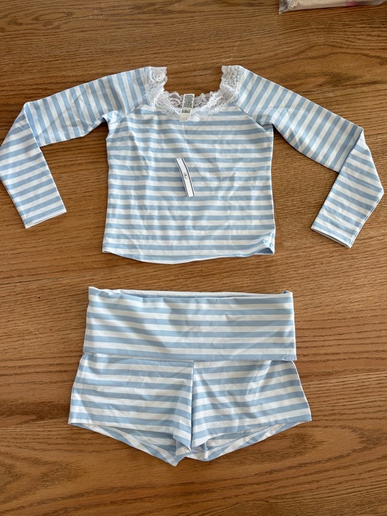 Frankie's Bikinis Pants - Frankie's Bikinis Light Blue and White Striped Women's Shorts Set